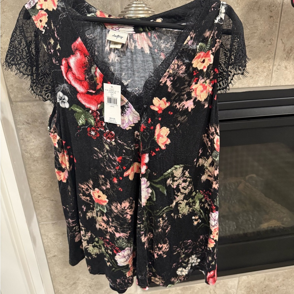 Johnny Was Black Floral Lace Women's Top